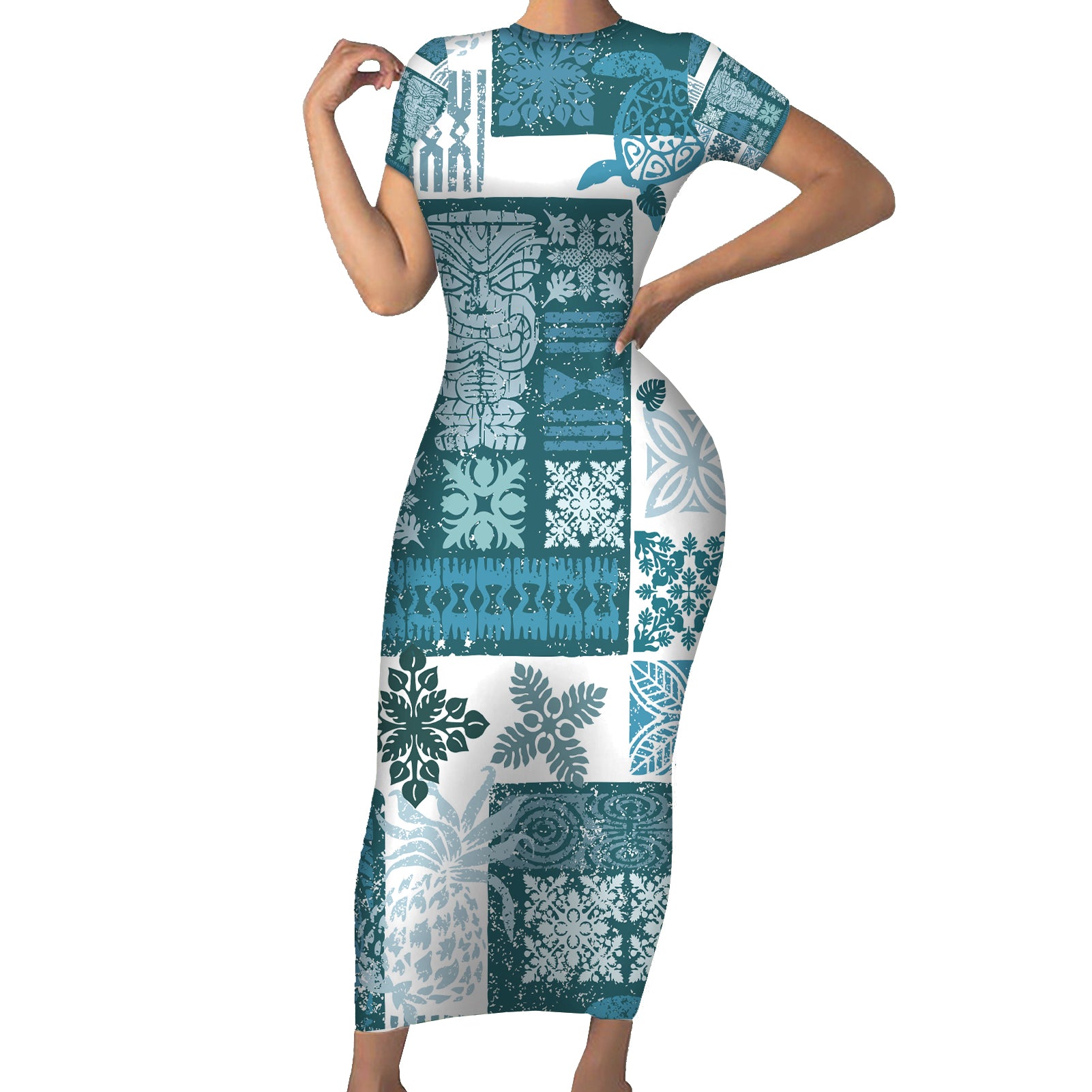 Hawaiian Quilt Short Sleeve Bodycon Dress Tiki Tropical Retro Dark Cyan Version - Wonder Print Shop