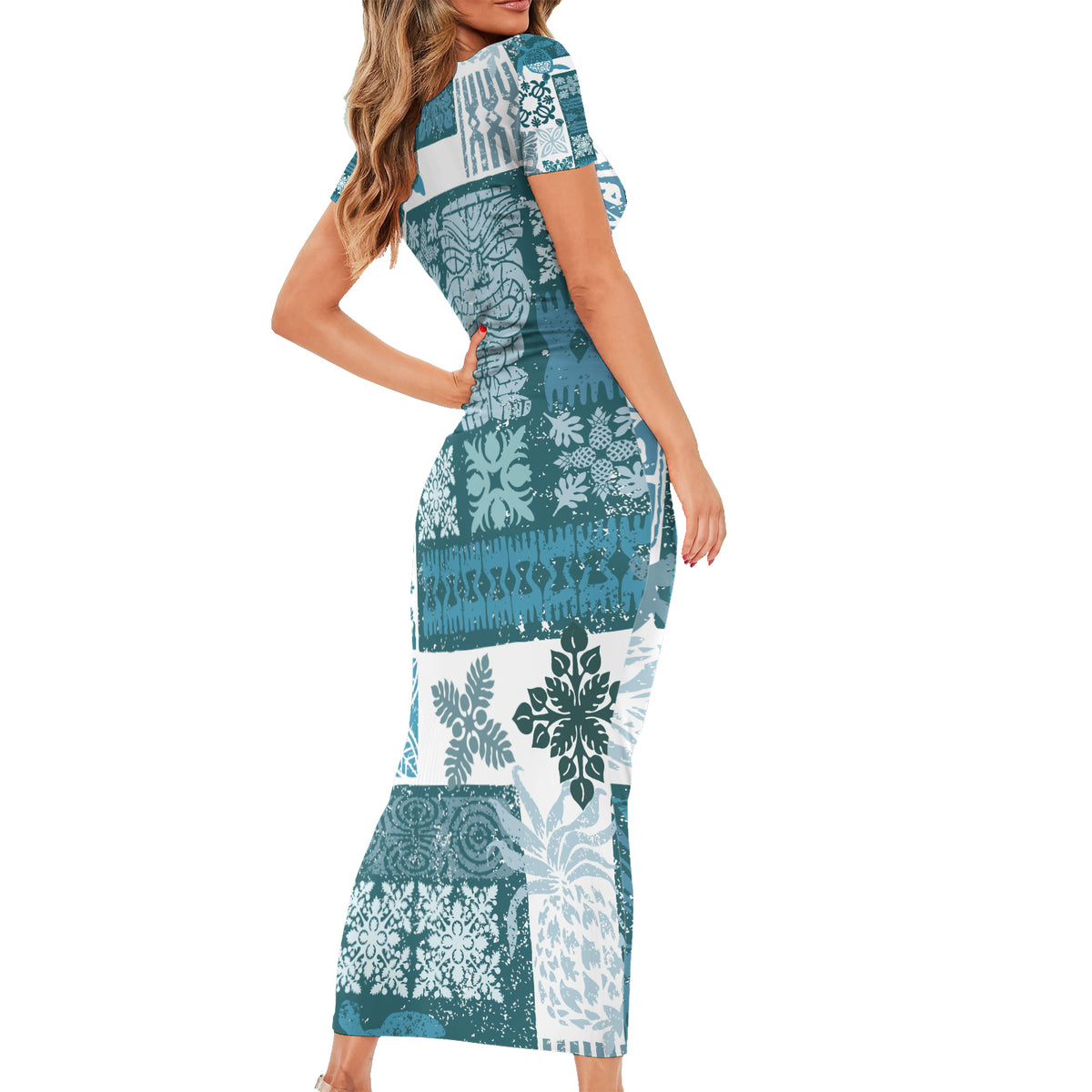 Hawaiian Quilt Short Sleeve Bodycon Dress Tiki Tropical Retro Dark Cyan Version - Wonder Print Shop