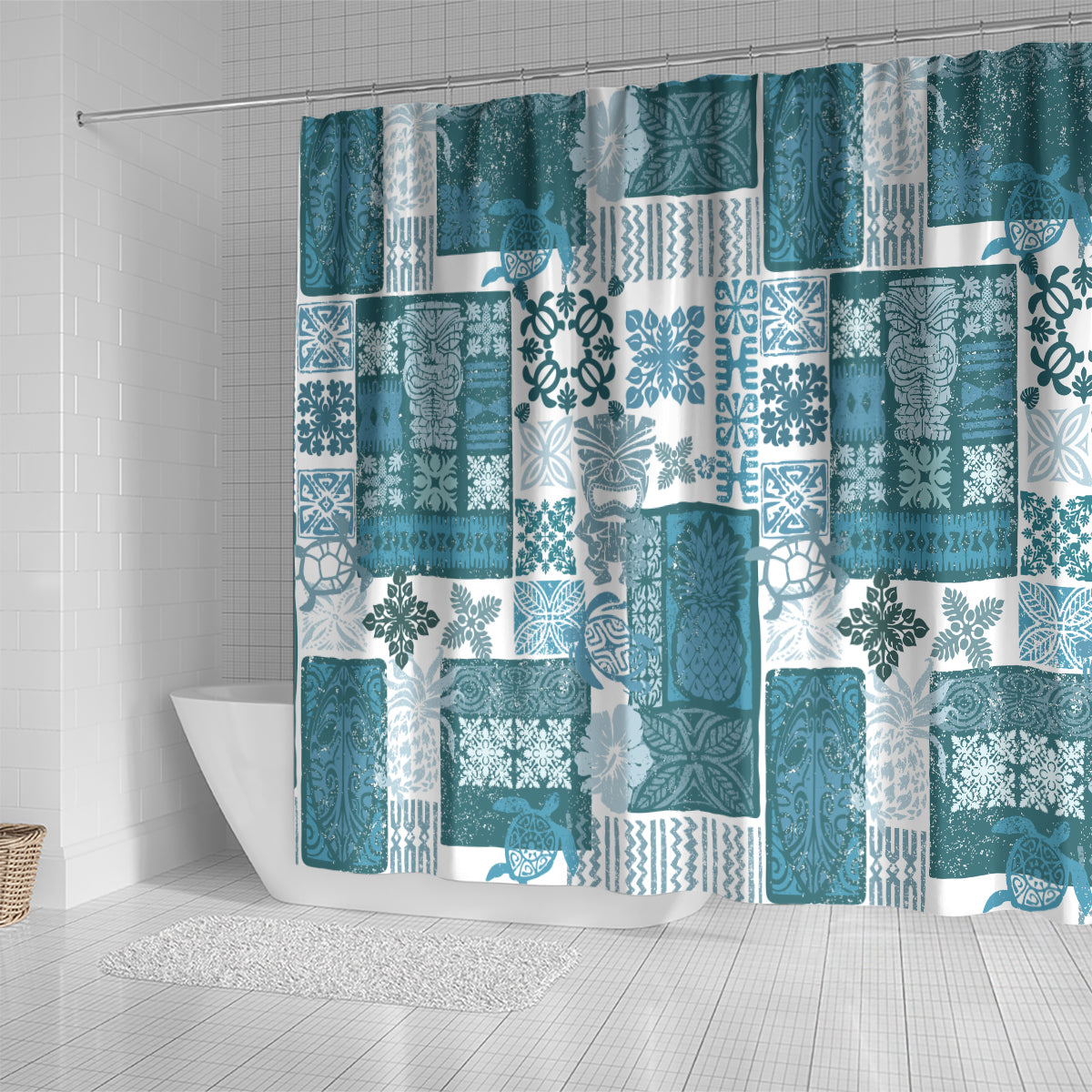 hawaiian-quilt-shower-curtain-tiki-tropical-retro-dark-cyan-version