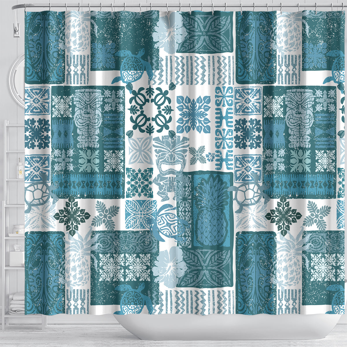 hawaiian-quilt-shower-curtain-tiki-tropical-retro-dark-cyan-version