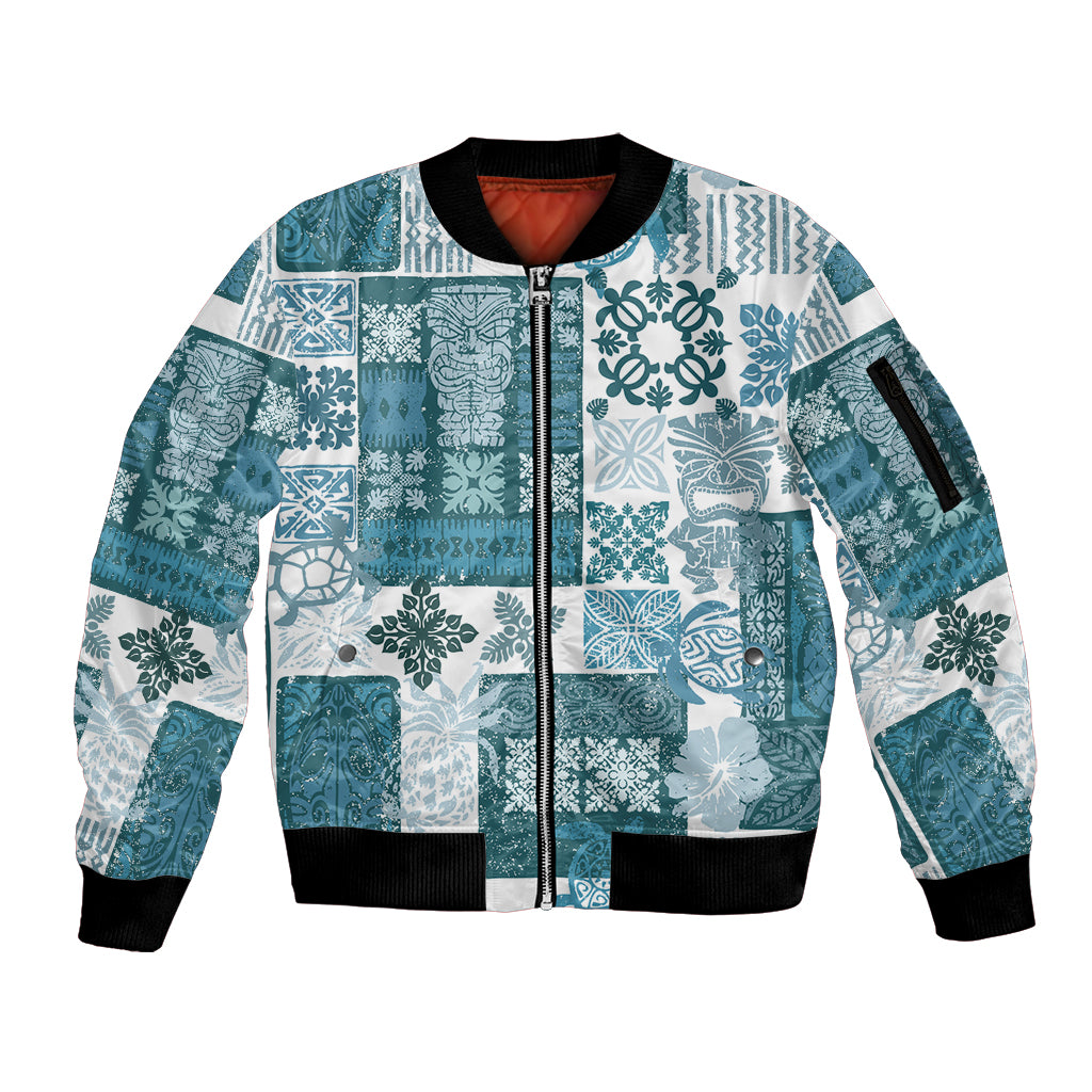 Hawaiian Quilt Sleeve Zip Bomber Jacket Tiki Tropical Retro Dark Cyan Version - Wonder Print Shop