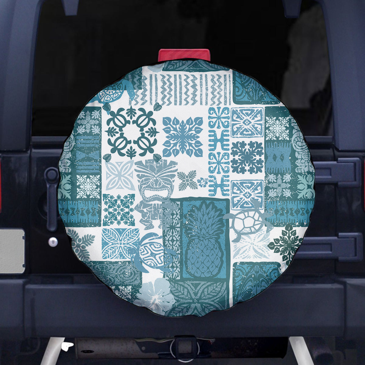 Hawaiian Quilt Spare Tire Cover Tiki Tropical Retro Dark Cyan Version - Wonder Print Shop