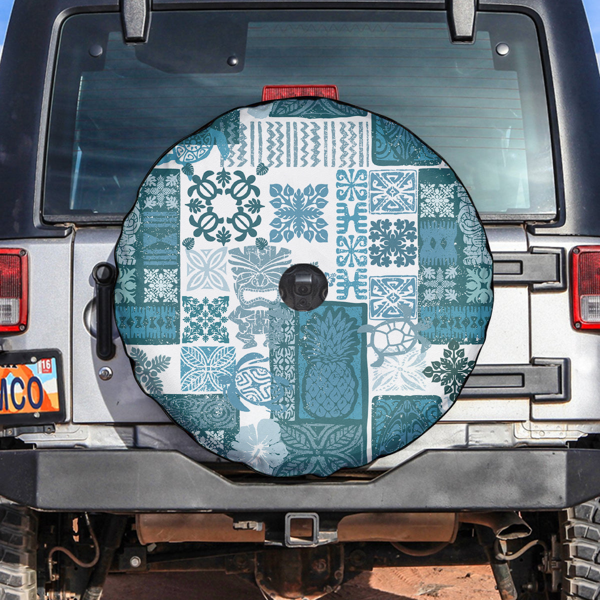 Hawaiian Quilt Spare Tire Cover Tiki Tropical Retro Dark Cyan Version - Wonder Print Shop
