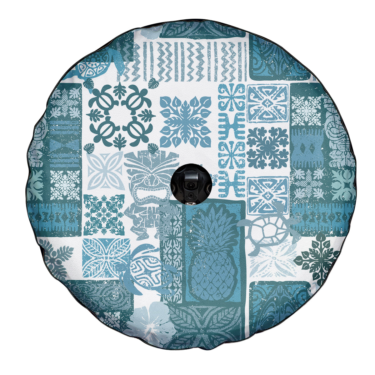 Hawaiian Quilt Spare Tire Cover Tiki Tropical Retro Dark Cyan Version - Wonder Print Shop