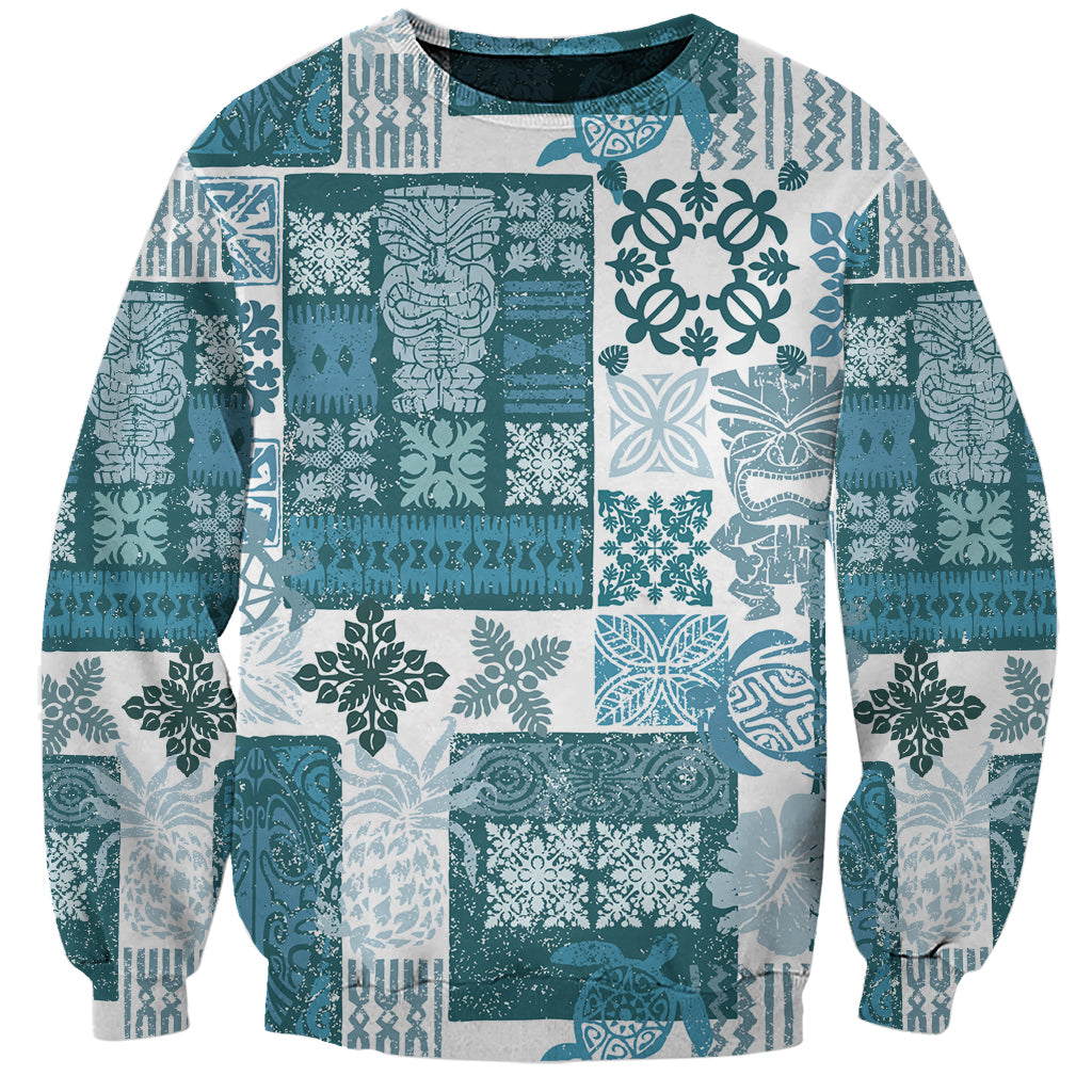 Hawaiian Quilt Sweatshirt Tiki Tropical Retro Dark Cyan Version - Wonder Print Shop