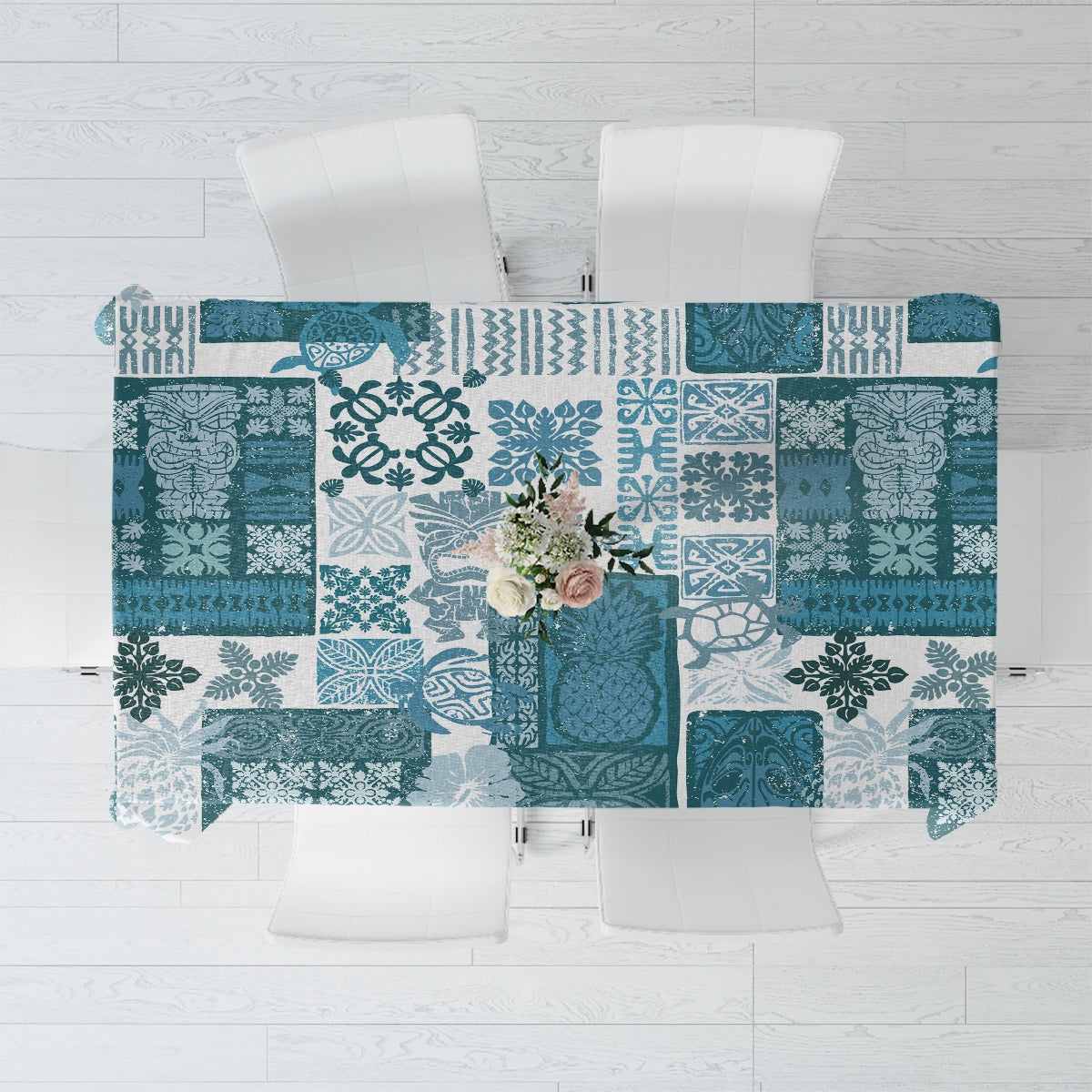 Hawaiian Quilt Tablecloth Tiki Tropical Retro Dark Cyan Version - Wonder Print Shop