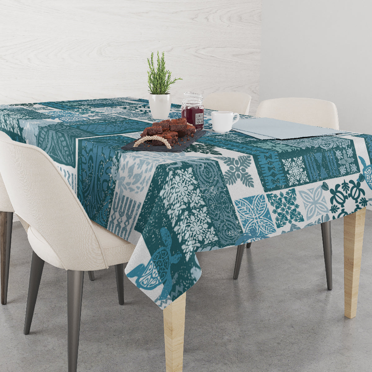 Hawaiian Quilt Tablecloth Tiki Tropical Retro Dark Cyan Version - Wonder Print Shop