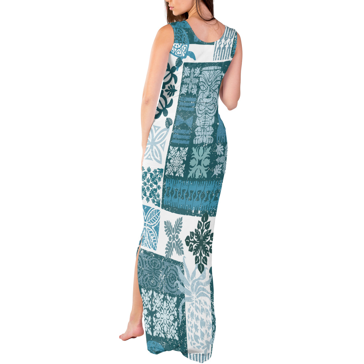 Hawaiian Quilt Tank Maxi Dress Tiki Tropical Retro Dark Cyan Version - Wonder Print Shop