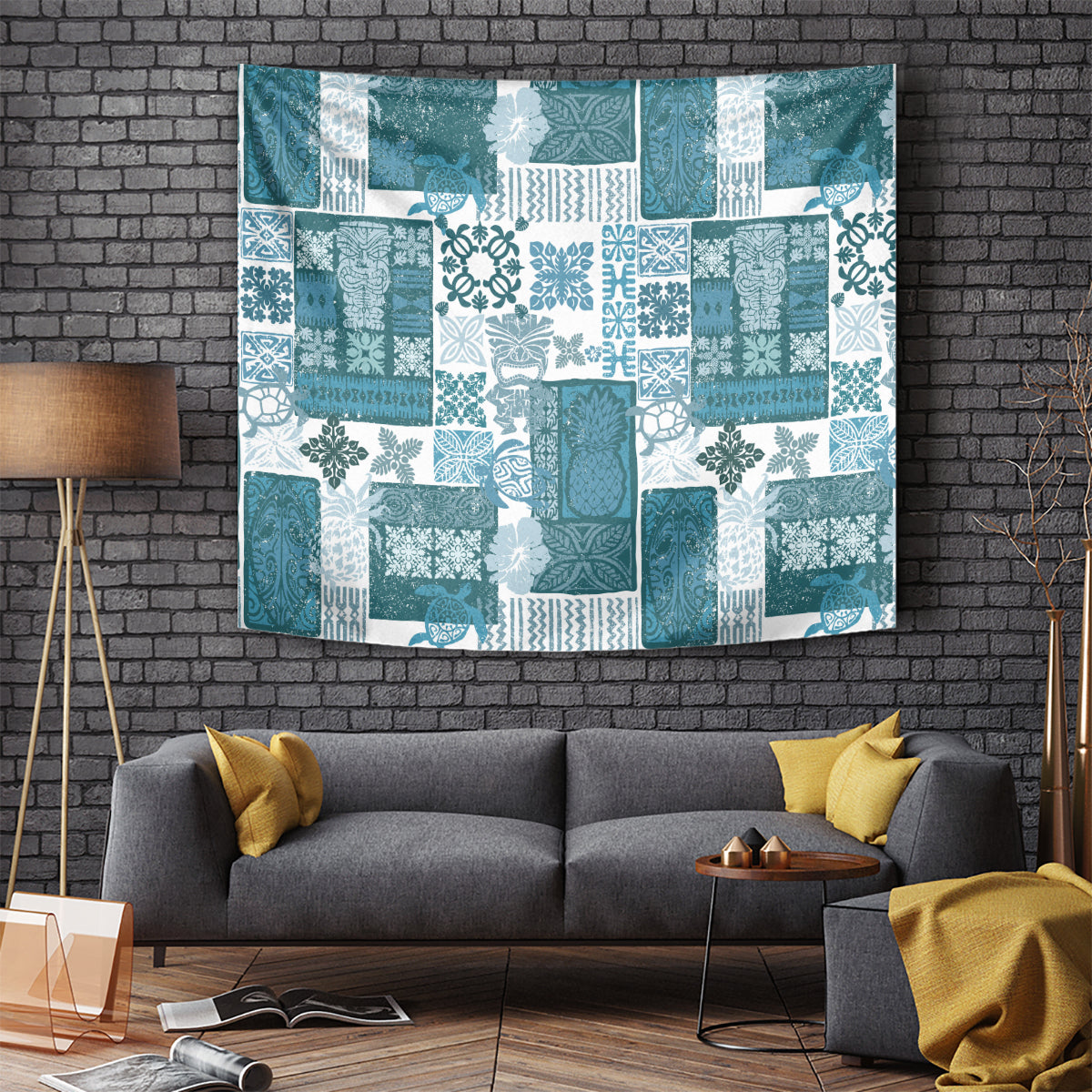 Hawaiian Quilt Tapestry Tiki Tropical Retro Dark Cyan Version - Wonder Print Shop