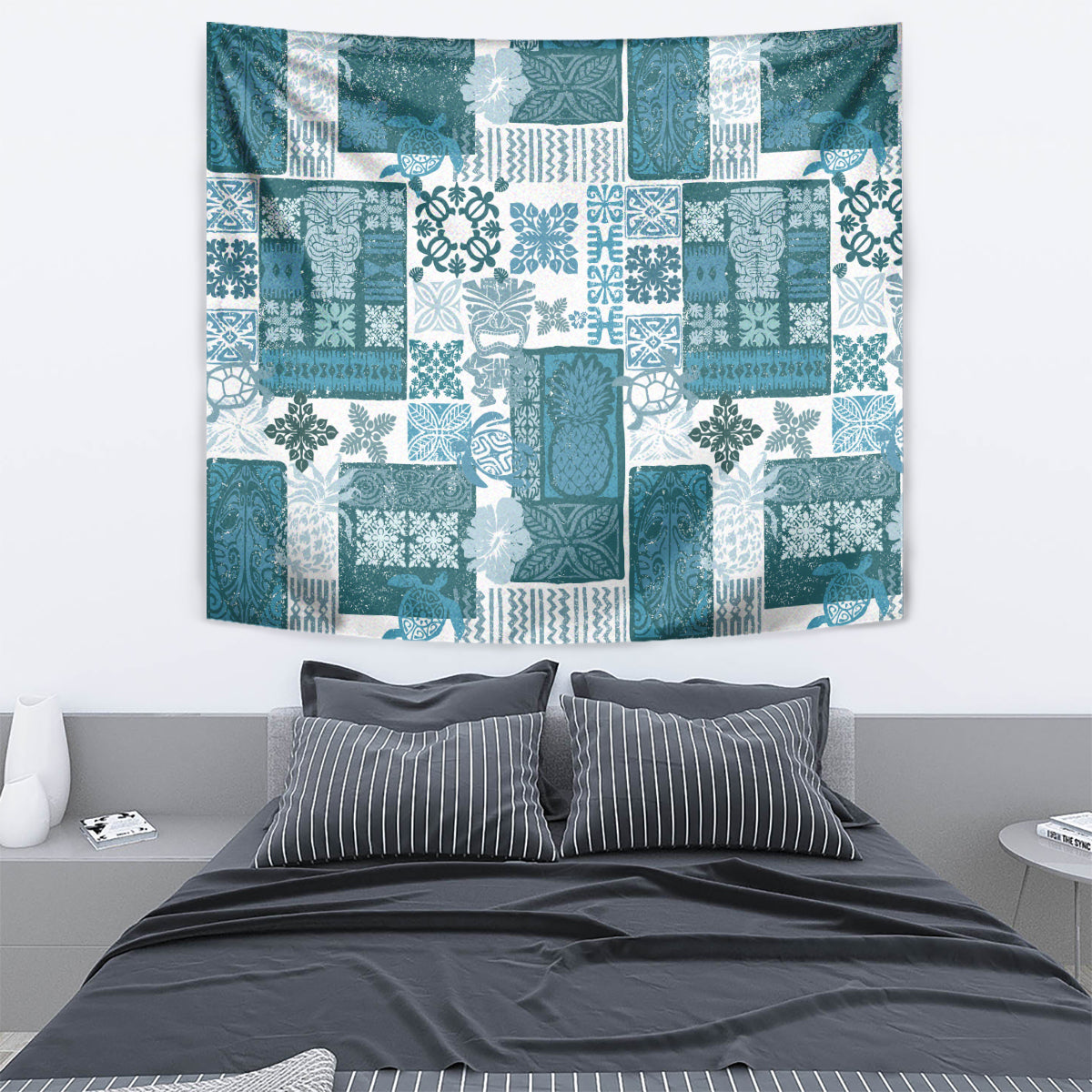 Hawaiian Quilt Tapestry Tiki Tropical Retro Dark Cyan Version - Wonder Print Shop