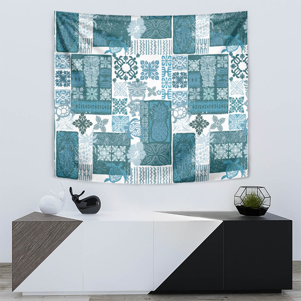 Hawaiian Quilt Tapestry Tiki Tropical Retro Dark Cyan Version - Wonder Print Shop