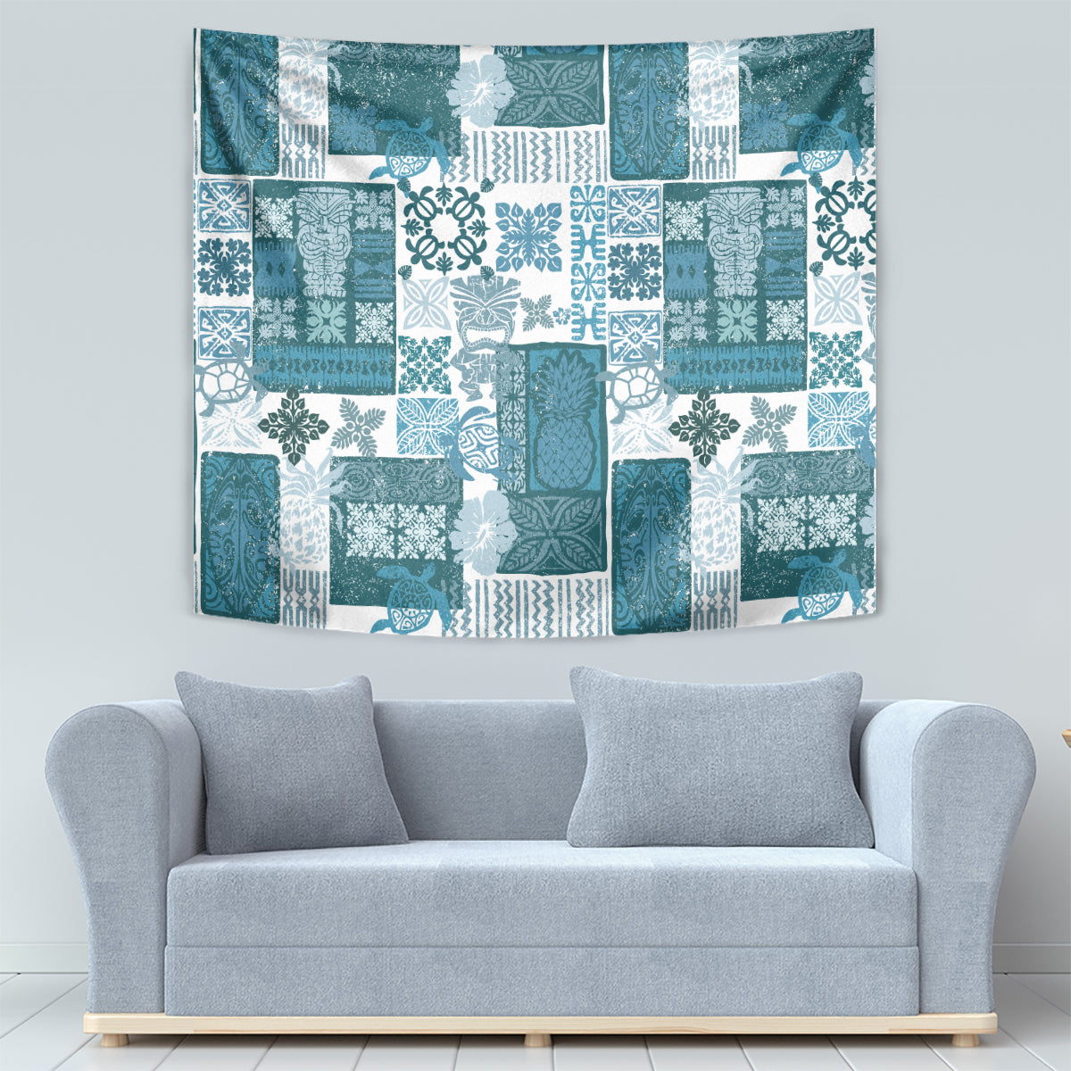 Hawaiian Quilt Tapestry Tiki Tropical Retro Dark Cyan Version - Wonder Print Shop