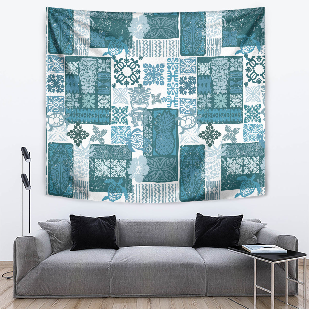 Hawaiian Quilt Tapestry Tiki Tropical Retro Dark Cyan Version - Wonder Print Shop