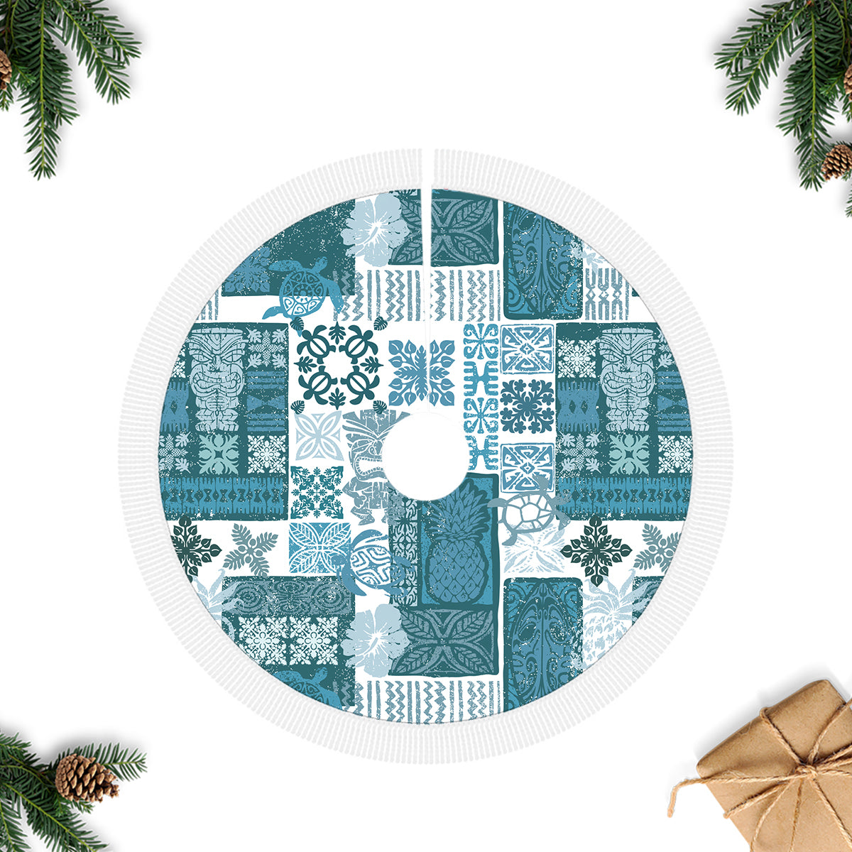 Hawaiian Quilt Tree Skirt Tiki Tropical Retro Dark Cyan Version - Wonder Print Shop