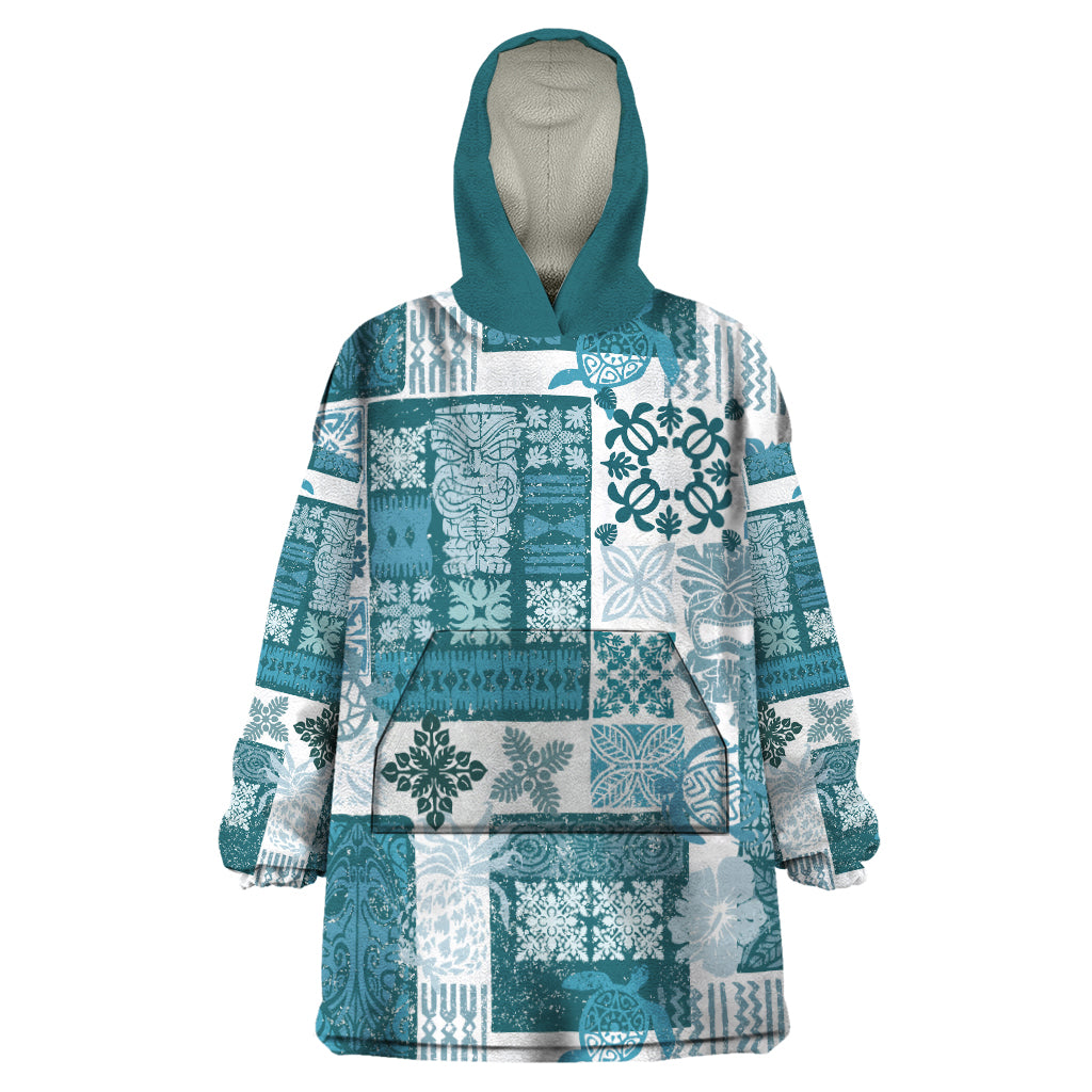 Hawaiian Quilt Wearable Blanket Hoodie Tiki Tropical Retro Dark Cyan Version - Wonder Print Shop