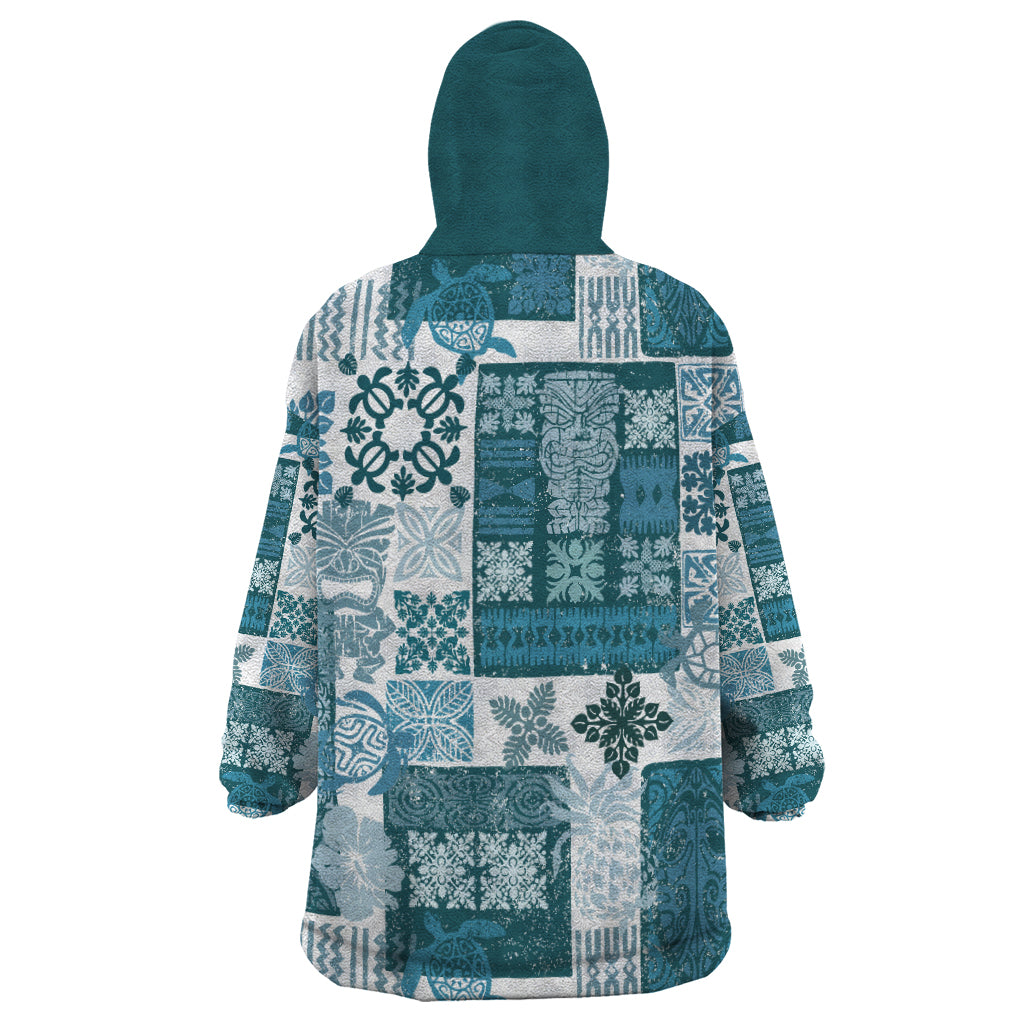 Hawaiian Quilt Wearable Blanket Hoodie Tiki Tropical Retro Dark Cyan Version - Wonder Print Shop