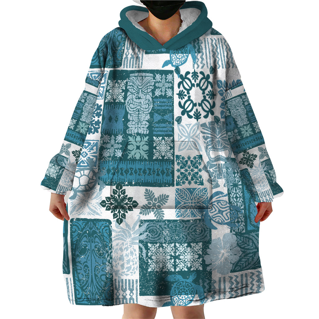 Hawaiian Quilt Wearable Blanket Hoodie Tiki Tropical Retro Dark Cyan Version - Wonder Print Shop
