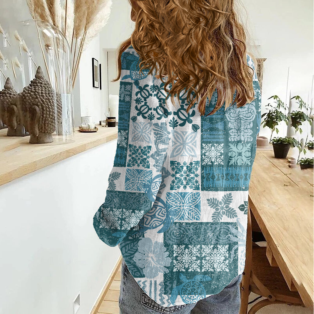 Hawaiian Quilt Women Casual Shirt Tiki Tropical Retro Dark Cyan Version - Wonder Print Shop