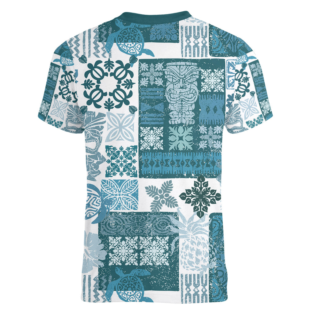 Hawaiian Quilt Women V Neck T Shirt Tiki Tropical Retro Dark Cyan Version - Wonder Print Shop