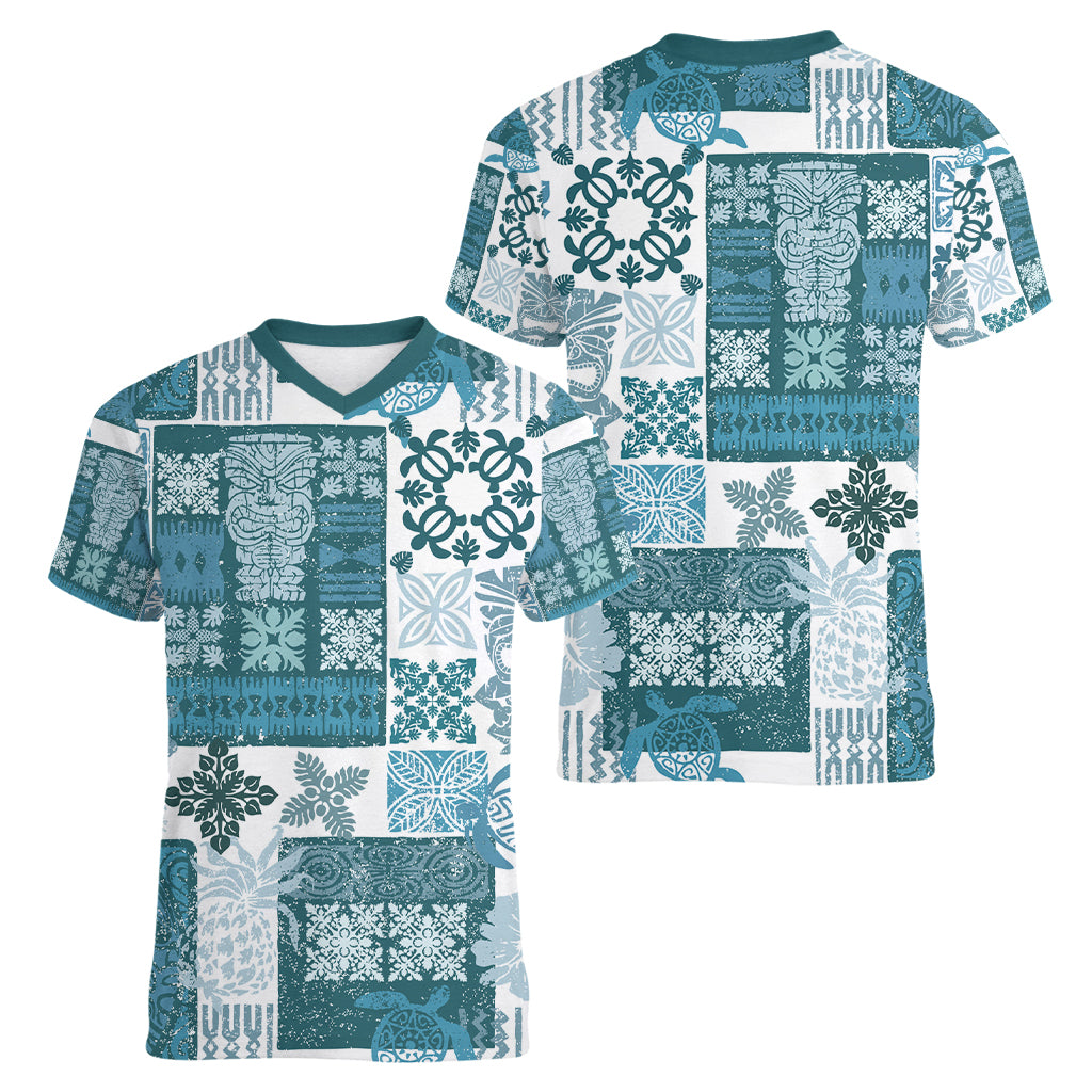 Hawaiian Quilt Women V Neck T Shirt Tiki Tropical Retro Dark Cyan Version - Wonder Print Shop