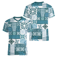 Hawaiian Quilt Women V Neck T Shirt Tiki Tropical Retro Dark Cyan Version - Wonder Print Shop