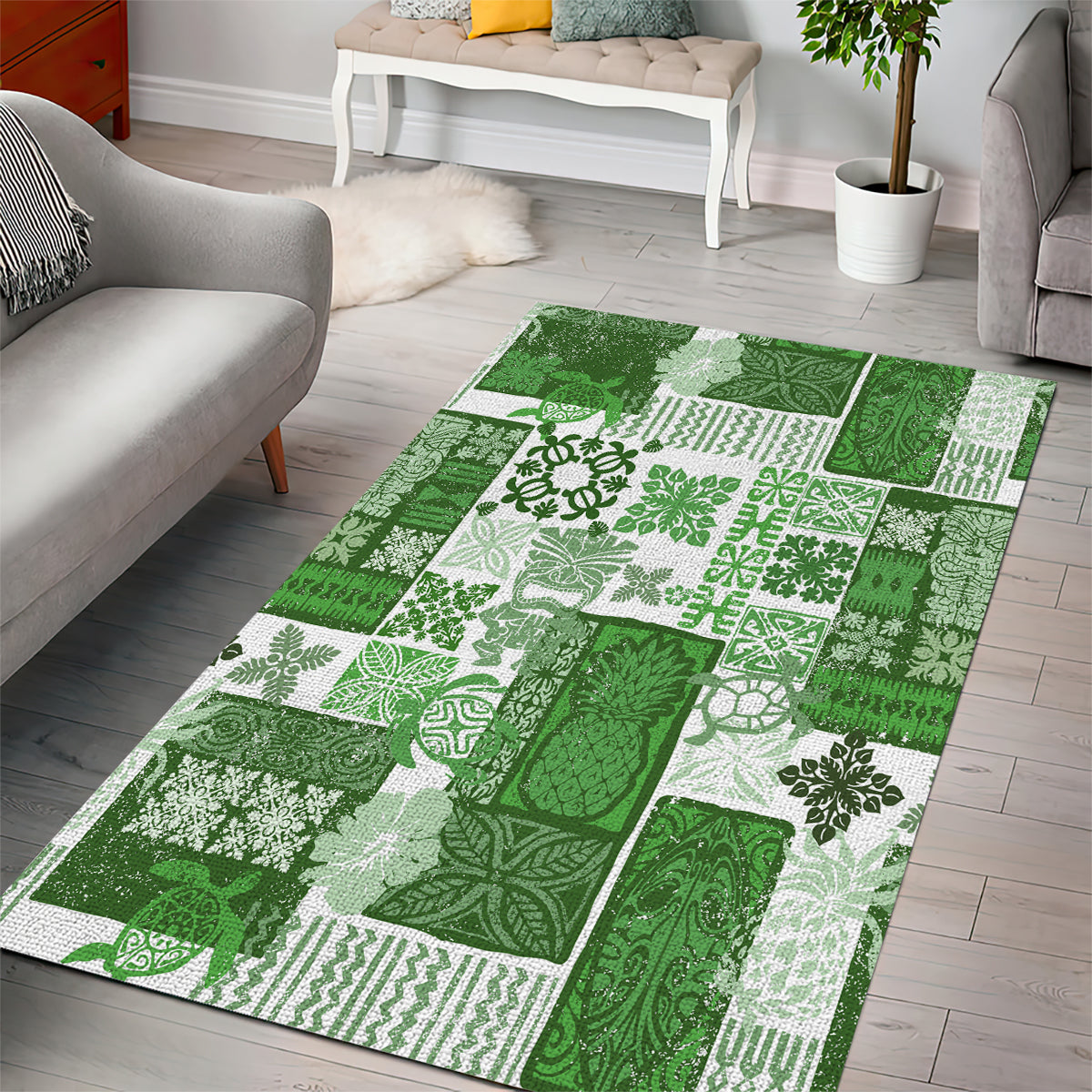 Hawaiian Quilt Area Rug Tiki Tropical Retro Green Version - Wonder Print Shop