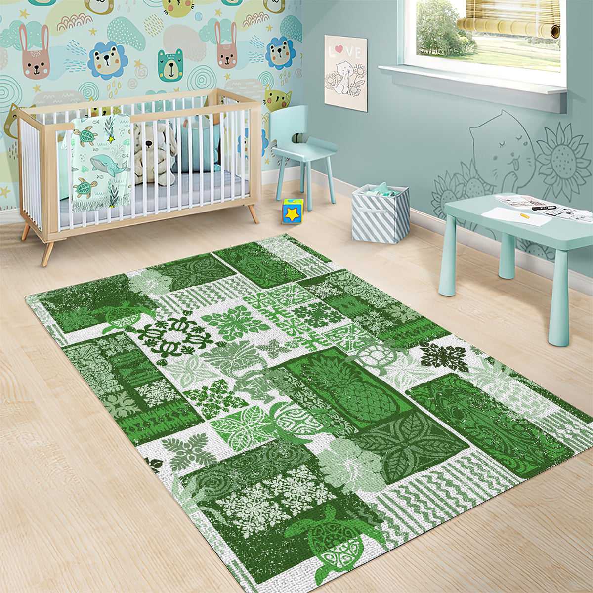 Hawaiian Quilt Area Rug Tiki Tropical Retro Green Version - Wonder Print Shop