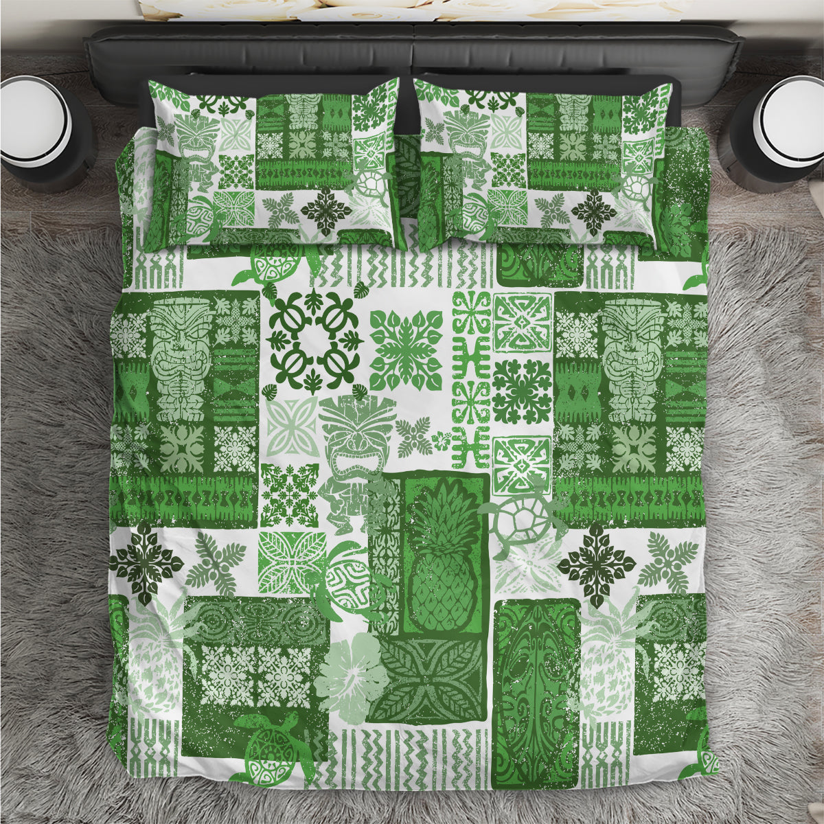 Hawaiian Quilt Bedding Set Tiki Tropical Retro Green Version - Wonder Print Shop