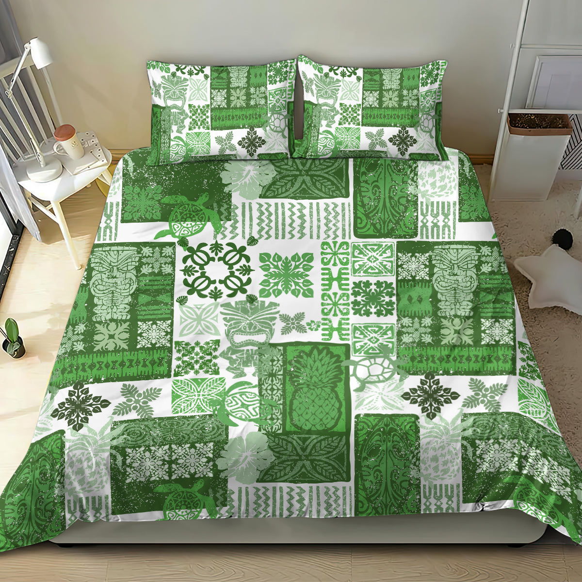 Hawaiian Quilt Bedding Set Tiki Tropical Retro Green Version - Wonder Print Shop