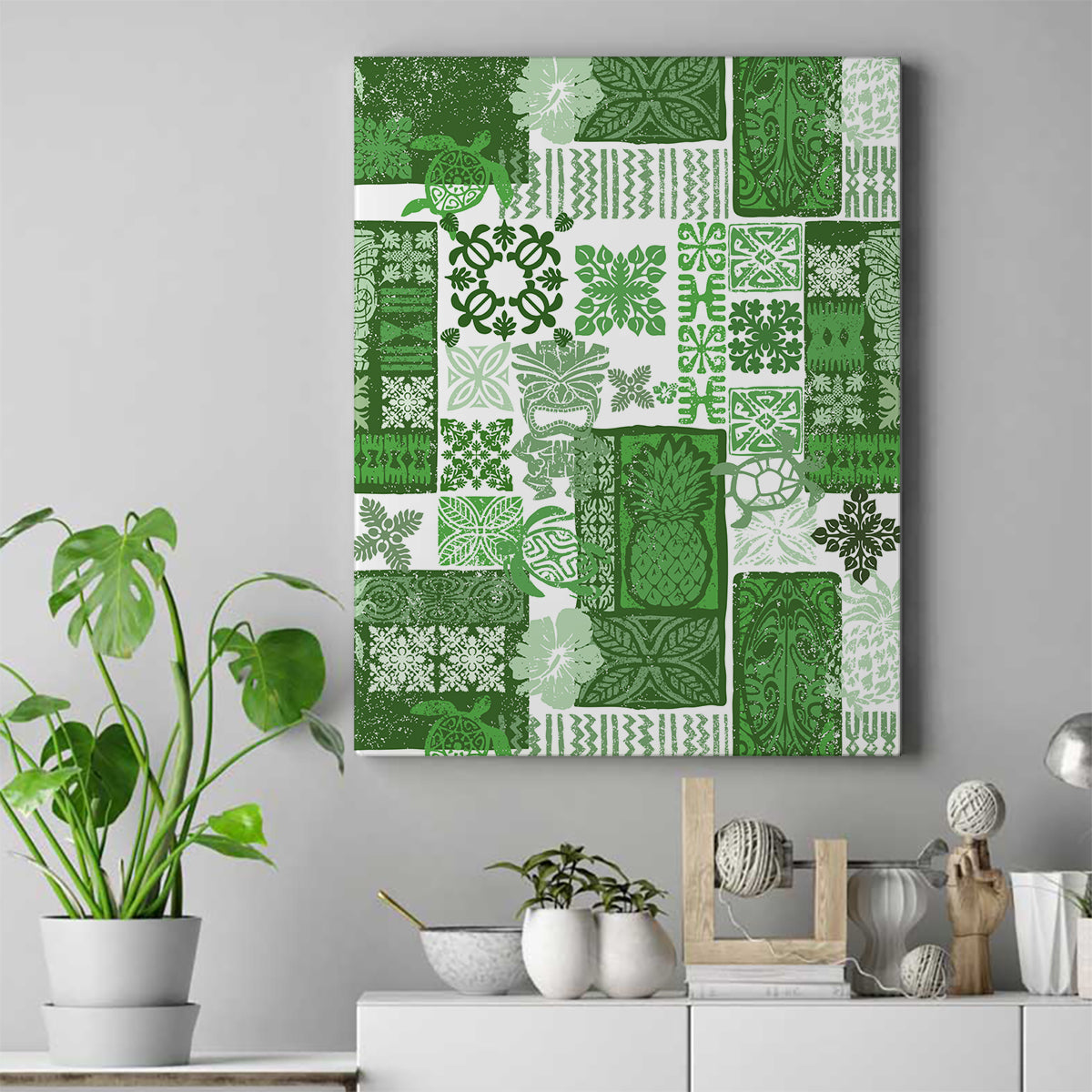 Hawaiian Quilt Canvas Wall Art Tiki Tropical Retro Green Version - Wonder Print Shop