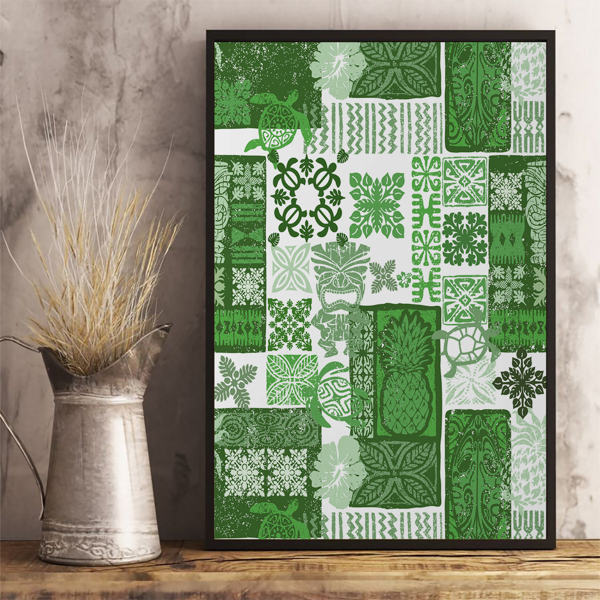 Hawaiian Quilt Canvas Wall Art Tiki Tropical Retro Green Version - Wonder Print Shop