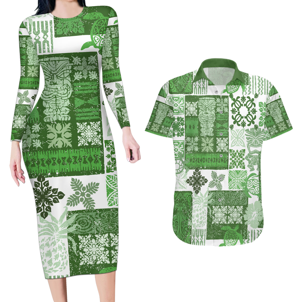 Hawaiian Quilt Couples Matching Long Sleeve Bodycon Dress and Hawaiian Shirt Tiki Tropical Retro Green Version - Wonder Print Shop