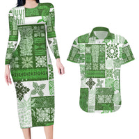 Hawaiian Quilt Couples Matching Long Sleeve Bodycon Dress and Hawaiian Shirt Tiki Tropical Retro Green Version - Wonder Print Shop