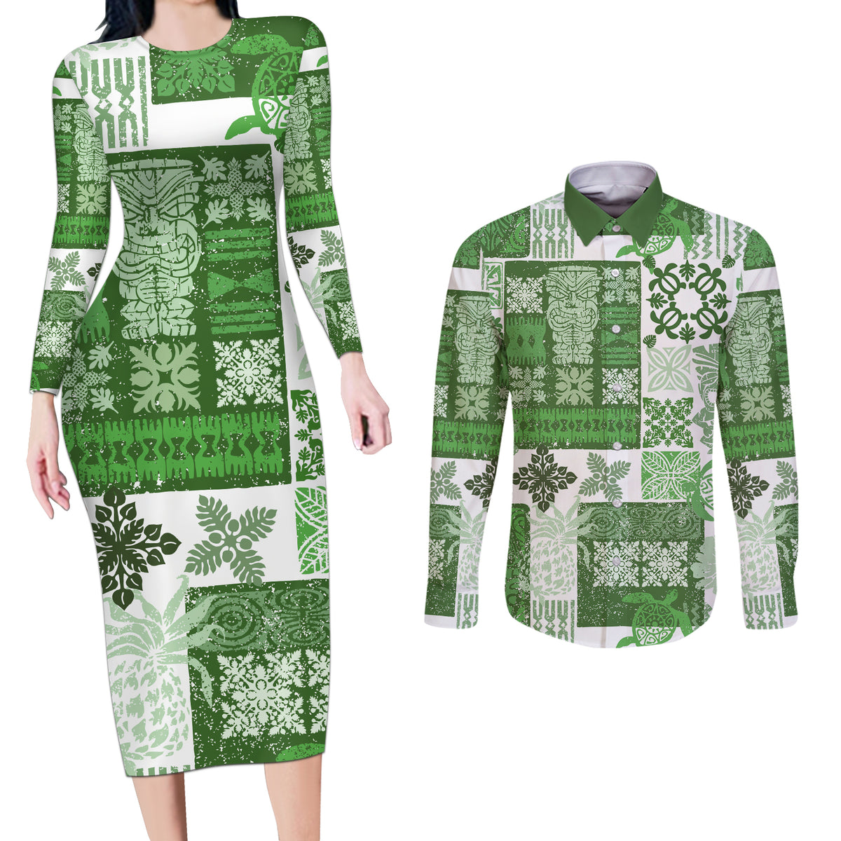 Hawaiian Quilt Couples Matching Long Sleeve Bodycon Dress and Long Sleeve Button Shirt Tiki Tropical Retro Green Version - Wonder Print Shop