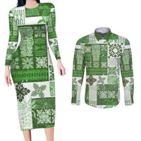 Hawaiian Quilt Couples Matching Long Sleeve Bodycon Dress and Long Sleeve Button Shirt Tiki Tropical Retro Green Version - Wonder Print Shop