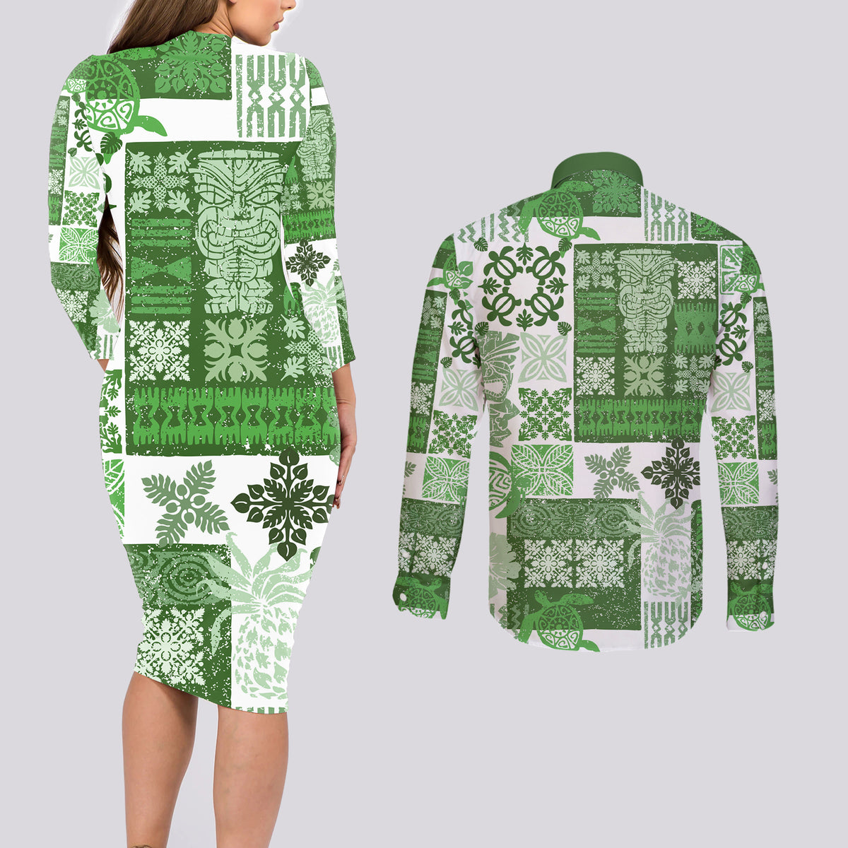 Hawaiian Quilt Couples Matching Long Sleeve Bodycon Dress and Long Sleeve Button Shirt Tiki Tropical Retro Green Version - Wonder Print Shop