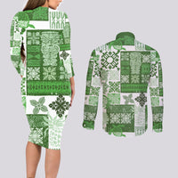 Hawaiian Quilt Couples Matching Long Sleeve Bodycon Dress and Long Sleeve Button Shirt Tiki Tropical Retro Green Version - Wonder Print Shop