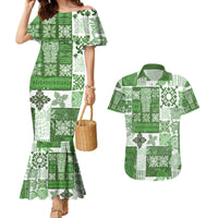 Hawaiian Quilt Couples Matching Mermaid Dress and Hawaiian Shirt Tiki Tropical Retro Green Version - Wonder Print Shop