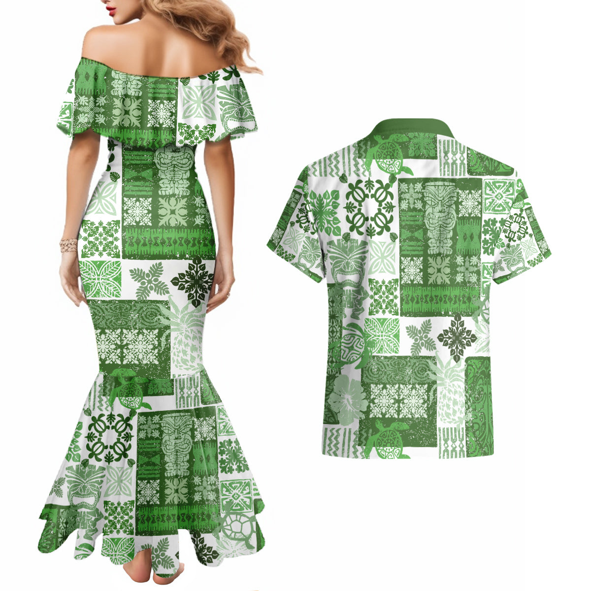 Hawaiian Quilt Couples Matching Mermaid Dress and Hawaiian Shirt Tiki Tropical Retro Green Version - Wonder Print Shop