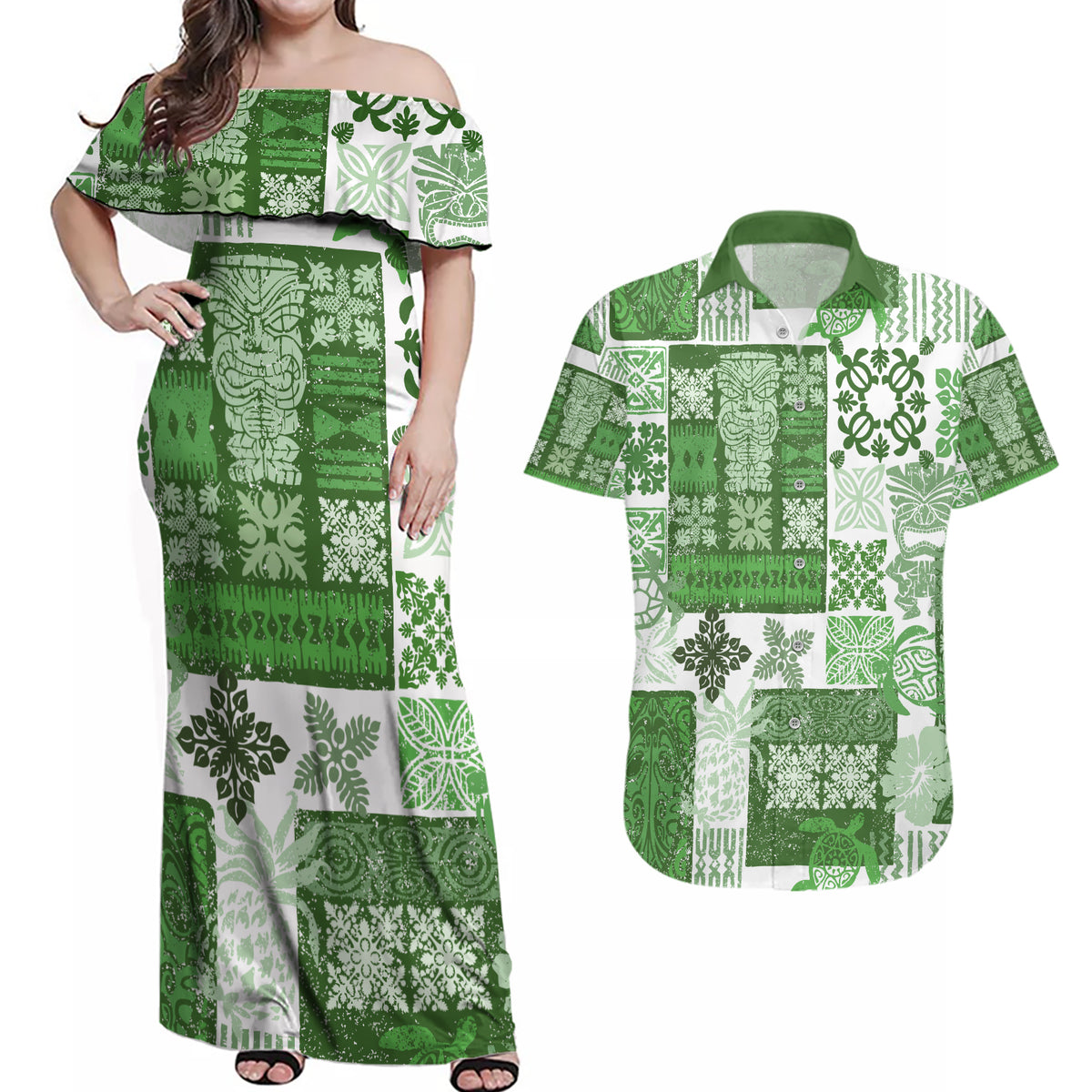 Hawaiian Quilt Couples Matching Off Shoulder Maxi Dress and Hawaiian Shirt Tiki Tropical Retro Green Version - Wonder Print Shop