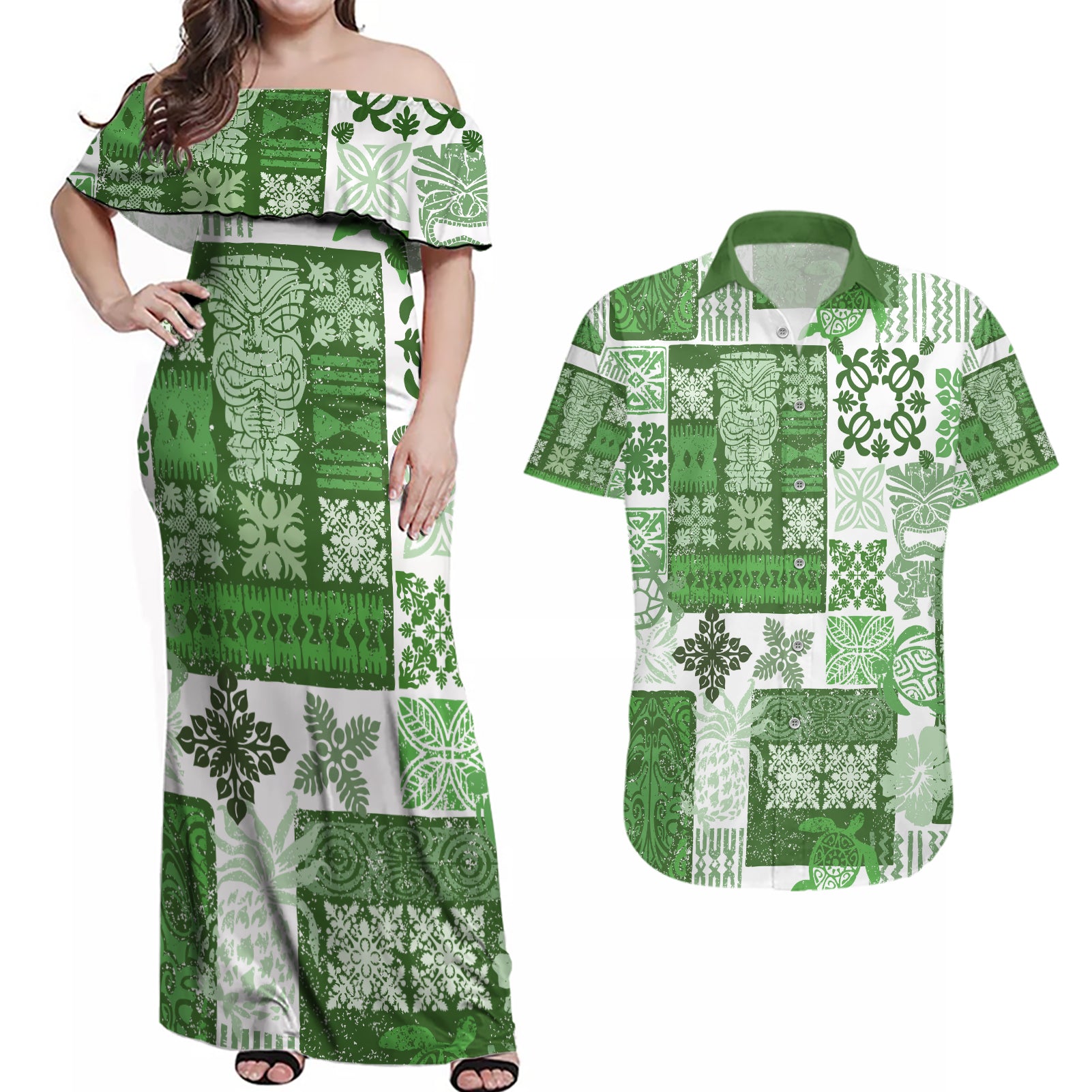 Hawaiian Quilt Couples Matching Off Shoulder Maxi Dress and Hawaiian Shirt Tiki Tropical Retro Green Version - Wonder Print Shop