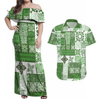 Hawaiian Quilt Couples Matching Off Shoulder Maxi Dress and Hawaiian Shirt Tiki Tropical Retro Green Version - Wonder Print Shop