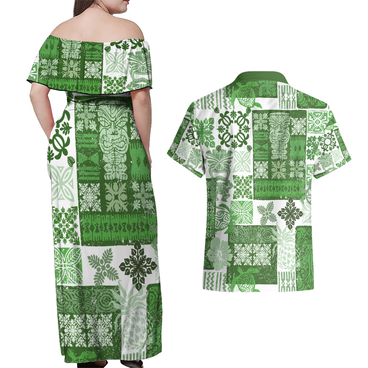 Hawaiian Quilt Couples Matching Off Shoulder Maxi Dress and Hawaiian Shirt Tiki Tropical Retro Green Version - Wonder Print Shop