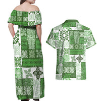 Hawaiian Quilt Couples Matching Off Shoulder Maxi Dress and Hawaiian Shirt Tiki Tropical Retro Green Version - Wonder Print Shop