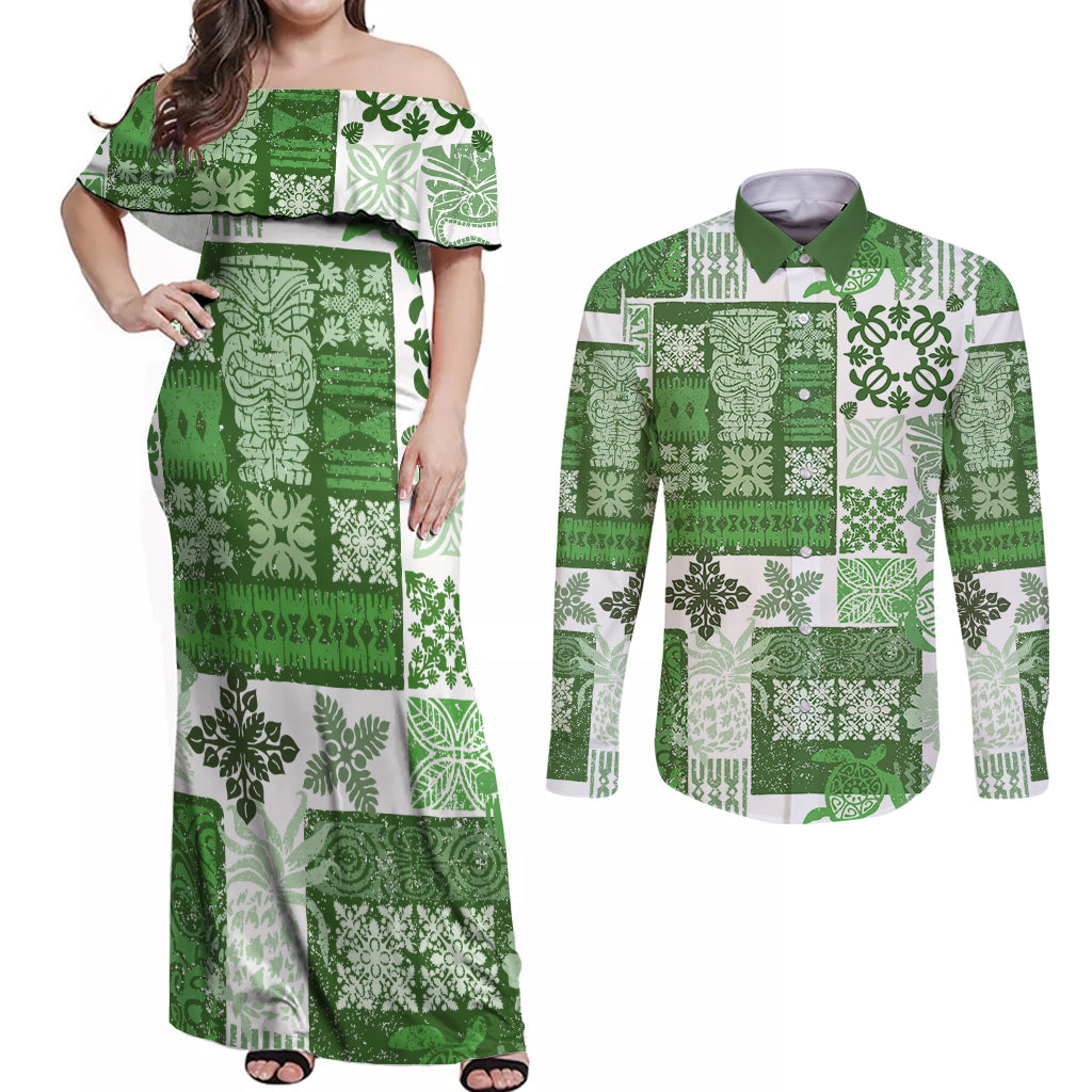 Hawaiian Quilt Couples Matching Off Shoulder Maxi Dress and Long Sleeve Button Shirt Tiki Tropical Retro Green Version - Wonder Print Shop