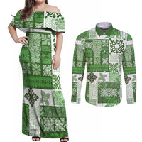 Hawaiian Quilt Couples Matching Off Shoulder Maxi Dress and Long Sleeve Button Shirt Tiki Tropical Retro Green Version - Wonder Print Shop