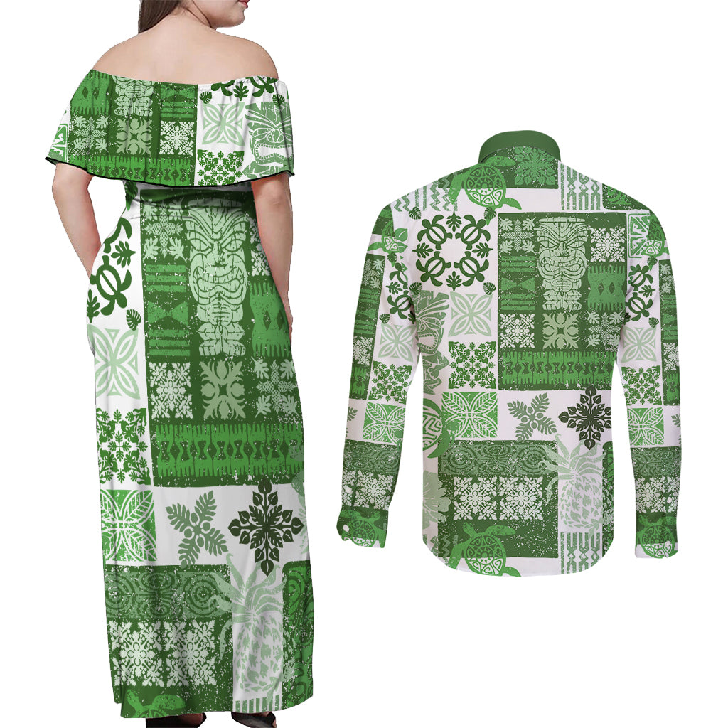 Hawaiian Quilt Couples Matching Off Shoulder Maxi Dress and Long Sleeve Button Shirt Tiki Tropical Retro Green Version - Wonder Print Shop