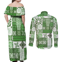 Hawaiian Quilt Couples Matching Off Shoulder Maxi Dress and Long Sleeve Button Shirt Tiki Tropical Retro Green Version - Wonder Print Shop