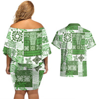 Hawaiian Quilt Couples Matching Off Shoulder Short Dress and Hawaiian Shirt Tiki Tropical Retro Green Version - Wonder Print Shop