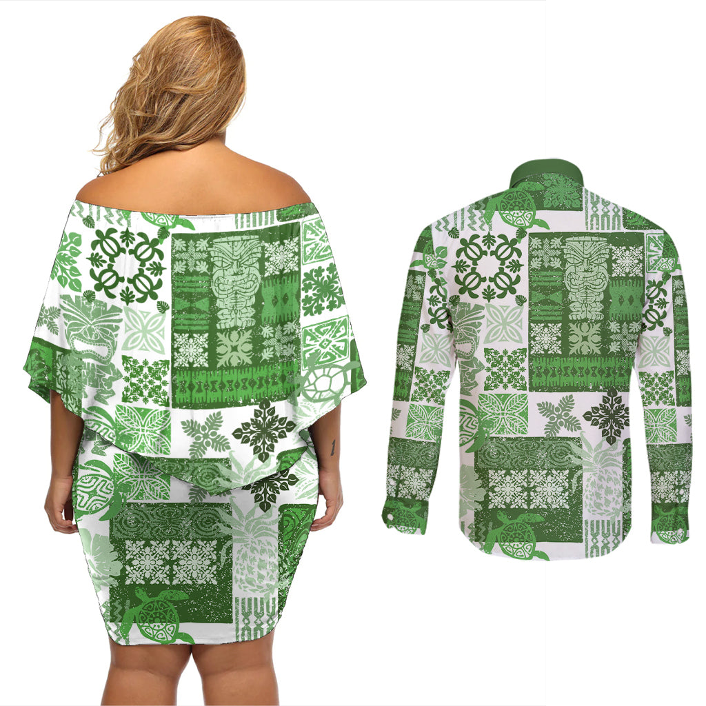 Hawaiian Quilt Couples Matching Off Shoulder Short Dress and Long Sleeve Button Shirt Tiki Tropical Retro Green Version - Wonder Print Shop